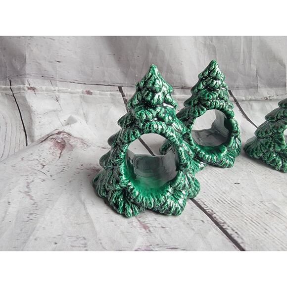 Vintage Ceramic Christmas Tree Napkin Rings Napkin Holders Set Of 4 MCM - Picture 2 of 11